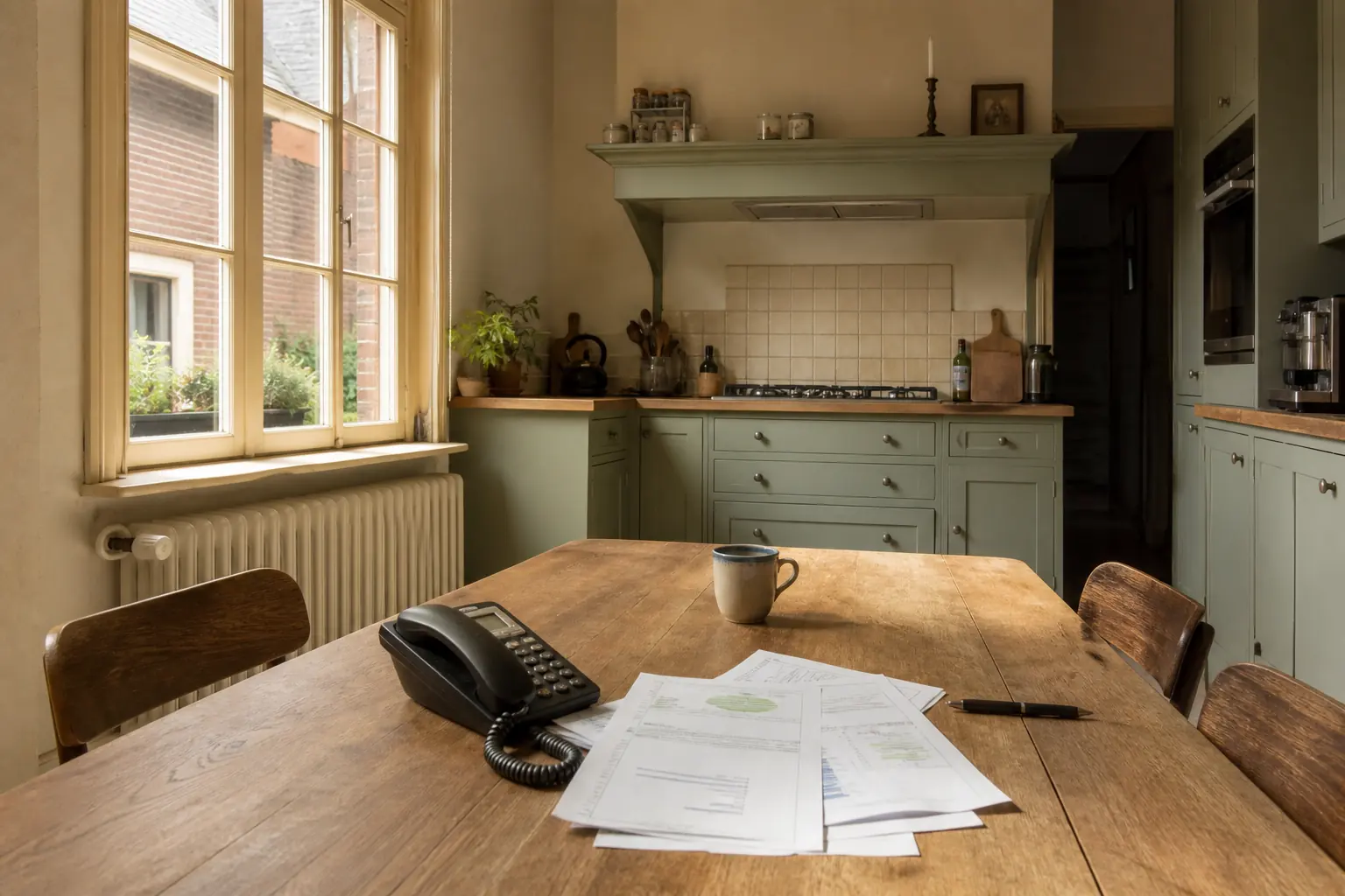 Keuken in een Vlaamse woning met energiedocumenten klaar voor een gesprek
