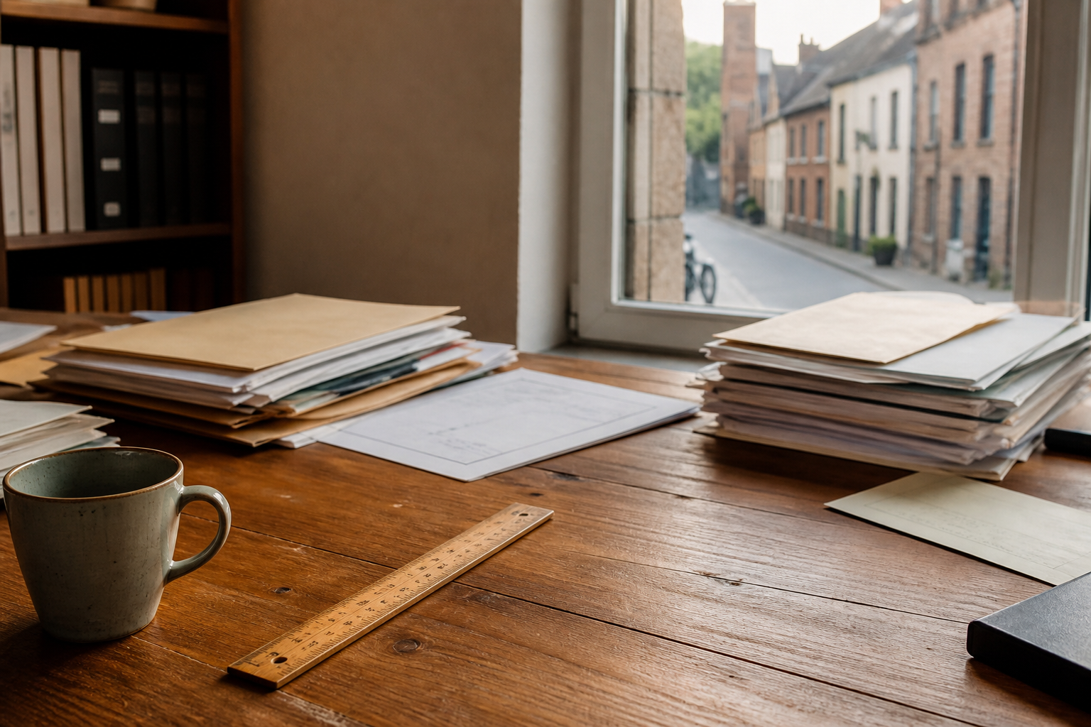 Huishoudelijke energiedocumenten op een eiken tafel